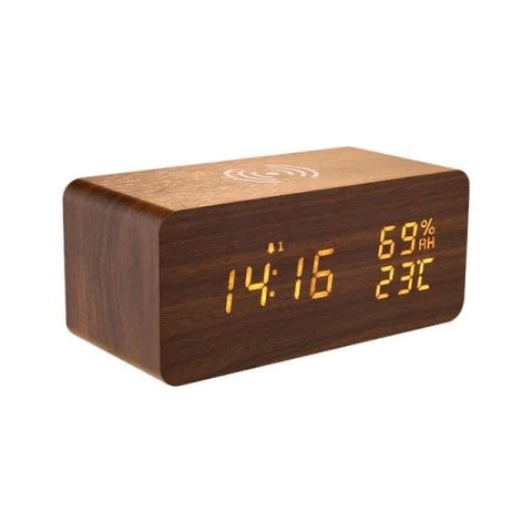 Dekohm Led Wooden Wireless Charger Clock Color:Brown Wood