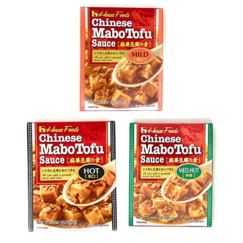 House Foods Chinese Mabo Tofu Sauce | Mild, Med Hot and Hot | 1 Pack of each flavor | Pack of 3