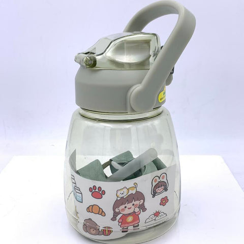 Kawaii Water Bottle With Straw Two Ways To Dinking Leakproof Jug With Portable Strap -Green網紅兒童大肚杯