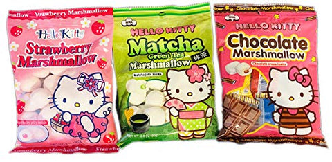 Hello Kitty Marshmallow Variety Pack! 3 Flavors Strawberry, Matcha and Chocolate! Soft Marshmallow Snacks Japanese Candy! Marshmallows with Creamy Filling! Tasty and Chewy Marshmallow Candy!