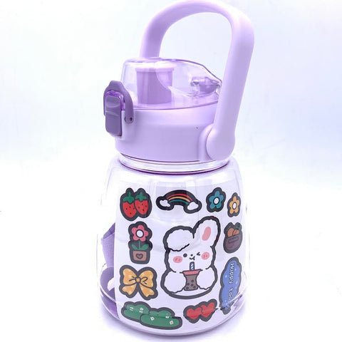 Kawaii Water Bottle With Straw Two Ways To Dinking Leakproof Jug With Portable Strap -Purple網紅兒童大肚杯
