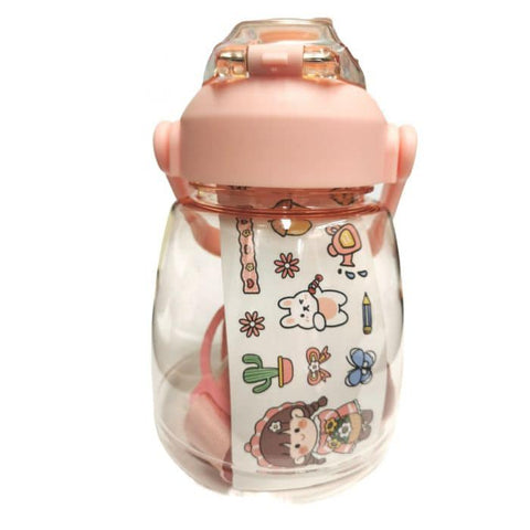 Kawaii Water Bottle With Straw Leakproof Jug With Portable Strap -Pink 網紅兒童大肚杯