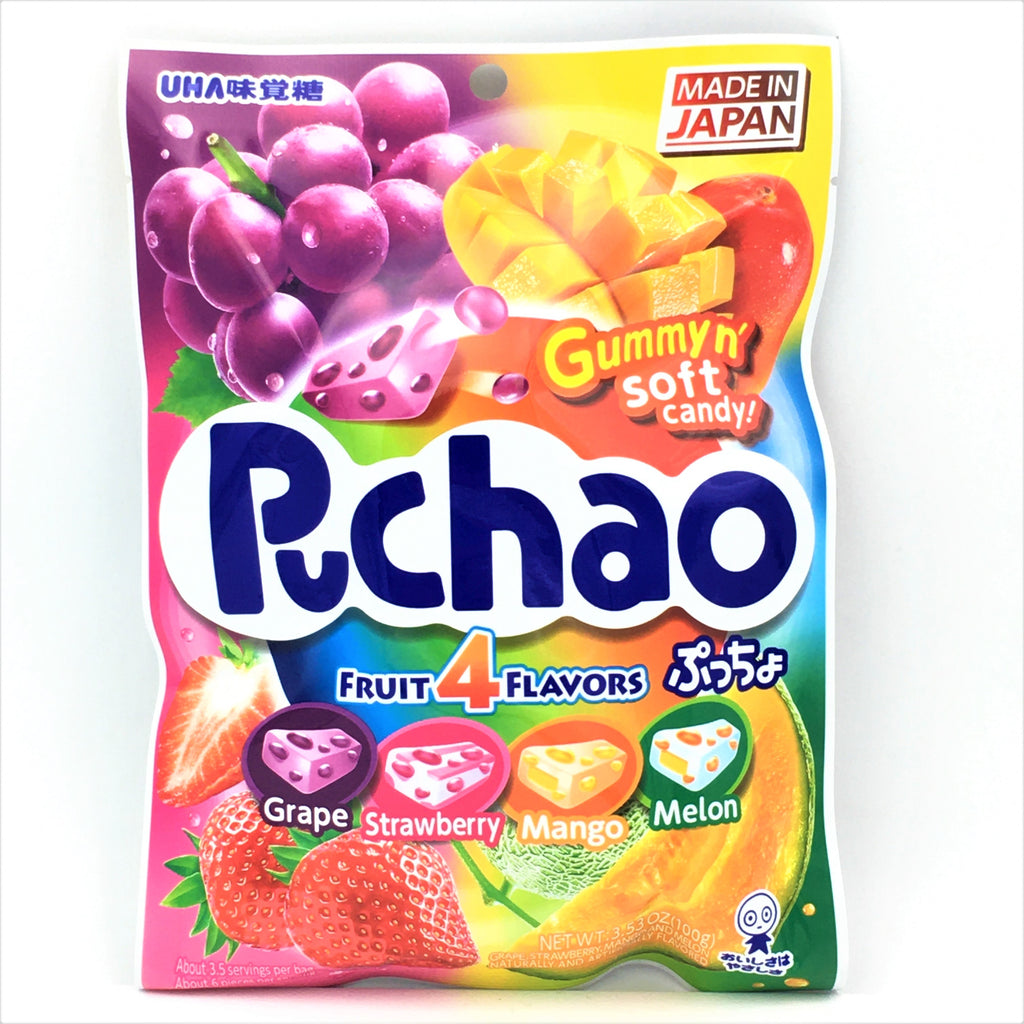 Uha Puchao Chewy Candy Fruit 4 Flavors-Grape+Strawberry+Mango+Melon 3.53oz /100g