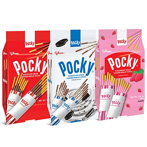 Pocky Sticks Japanese Snacks Pocky Variety Pack of 3 Asian Snacks - Poky Stix Strawberry, Chocolate, Cookies, and Cream Asian Candy by Grateful Grocer